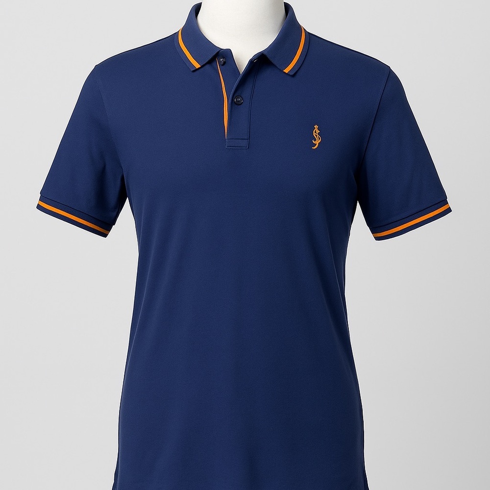 Scott James Polo Shirt Men's Large Navy Blue Orange Trim Logo Cotton‎ Collared